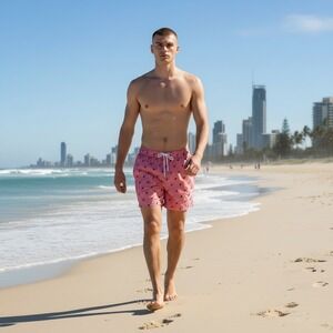 Mosmann Australia Mens Toucan Chevron Swim Trunks Red White XL Fits L 7in Inseam